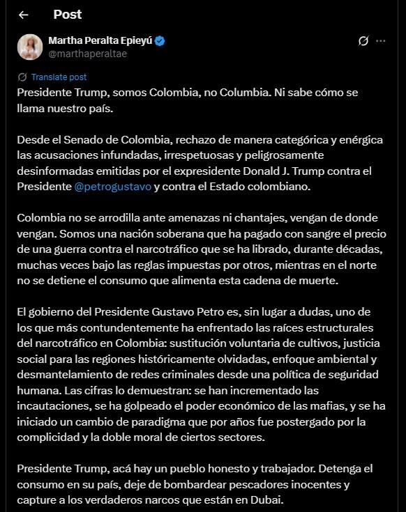 Martha Peralta defendió al presidente colombiano en un extenso mensaje - crédito @marthaperaltae