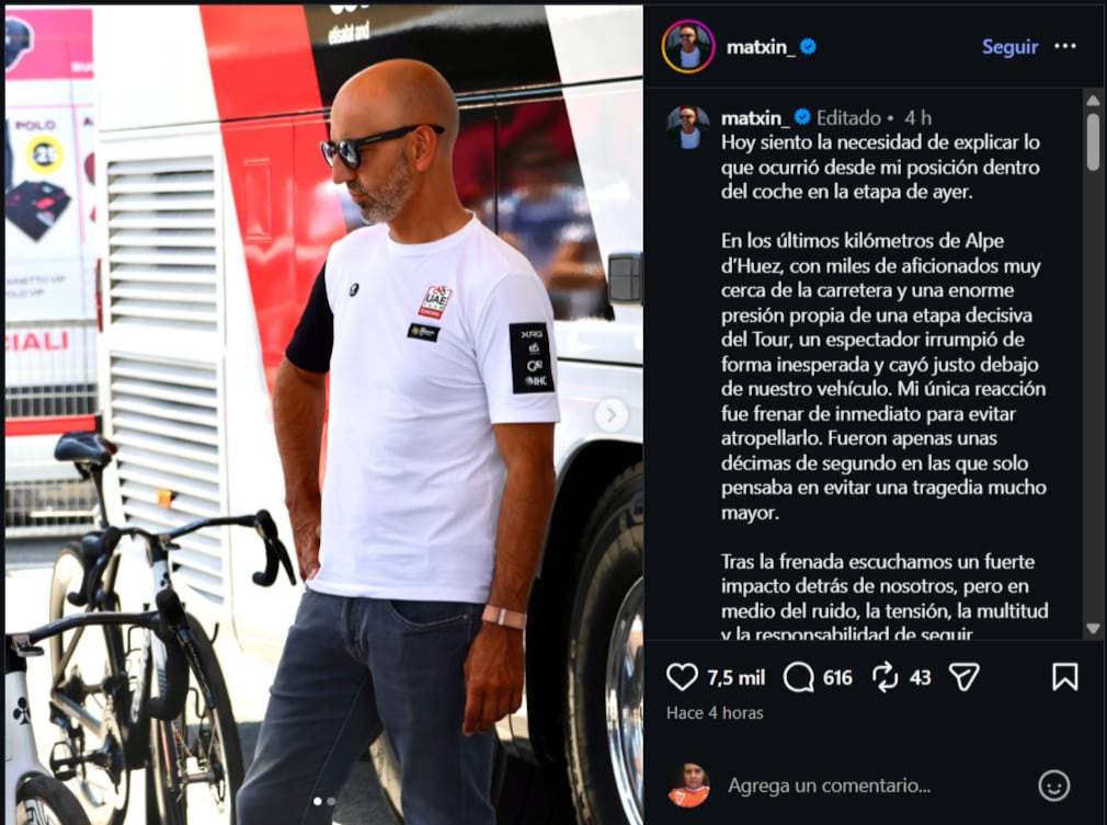 El director del equipo en dónde corre el esloveno Tadej Pogaar se pronunció tras el accidente que sufrió Einer Rubio-crédito @matxin/Instagram