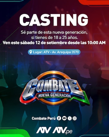 Afiche publicitario con el texto Casting, el logotipo de Combate Nueva Generación, la dirección de ATV y siluetas humanas de fondo