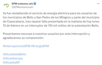 EPM informó que dos horas