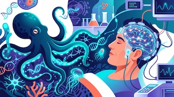 Ilustración de un pulpo azul junto a un hombre acostado con electrodos en la cabeza conectados a monitores médicos.