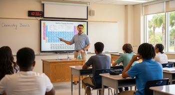 Un profesor enseña en un aula, de pie frente a una pantalla con la tabla periódica. Varios estudiantes atienden desde sus pupitres. Pizarrón con "Chemistry Basics".