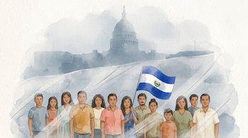 Grupo de personas de aspecto salvadoreño, una bandera de El Salvador, una barrera translúcida y el Capitolio de Estados Unidos difuso al fondo.