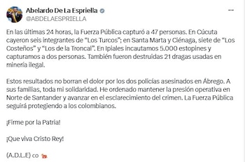 El presidente Abelardo de la Espriella informó que la Fuerza Pública capturó a 47 personas en las últimas 24 horas durante operaciones contra organizaciones criminales en varias regiones de Colombia - crédito @ABDELAESPRIELLA/X