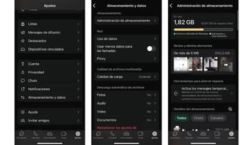 Interfaz de WhatsApp mostrando la opción de administración de almacenamiento en Ajustes