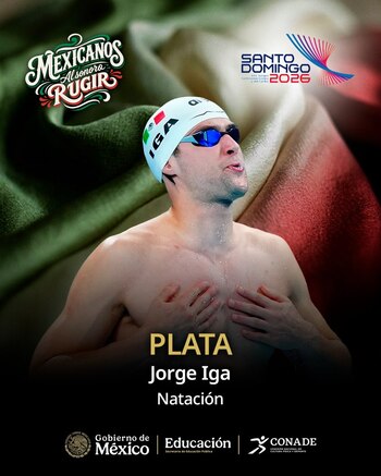 Nadador Jorge Iga con gorra de baño de México y gafas, fondo de colores verde, blanco y rojo. Texto 'Plata Jorge Iga Natación', logos de México y Santo Domingo 2026