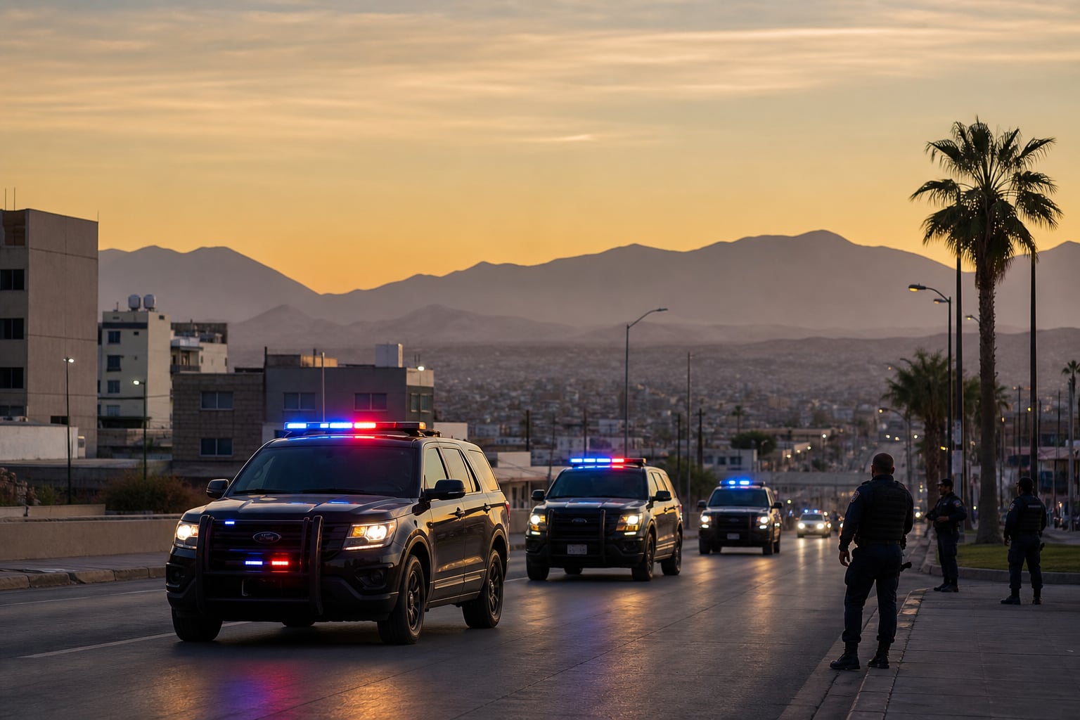 Agentes de seguridad realizan patrullajes preventivos en una avenida principal de una ciudad fronteriza mexicana al atardecer. (Imagen Ilustrativa Infobae)