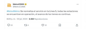 Reestablecen servicio Línea 5 Metro