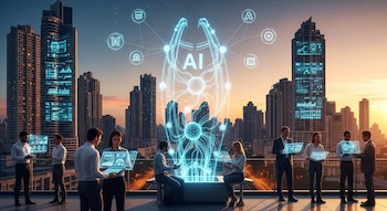 Grupo de personas en una terraza con edificios de ciudad al atardecer, manipulando pantallas holográficas y con una proyección central de "AI" y nodos de datos.