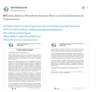 Sintrasecfin alertó por fallas en los trámites en Colpensiones que afectan a los afiliados - crédito @SintraSecFin/X