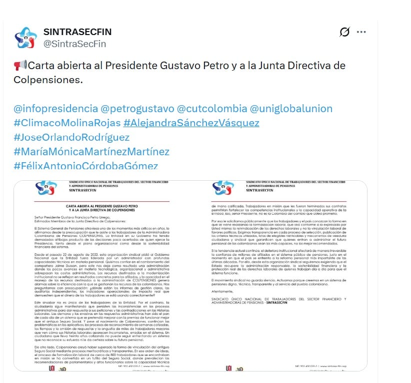 Sintrasecfin alertó por fallas en los trámites en Colpensiones que afectan a los afiliados - crédito @SintraSecFin/X