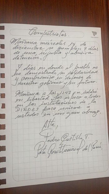 Nueva carta de Pedro Castillo.