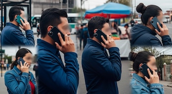 Uma colagem de seis recortes mostrando homens e mulheres pixelados falando ao celular nas cidades e nas ruas.