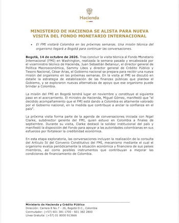 Miguel Gómez, ministro de Hacienda, señaló que la agenda prevista para noviembre de 2026 incluye la revisión del Artículo IV del Convenio Constitutivo del organismo que examina de manera periódica la situación económica y financiera de sus países miembros - crédito Ministerio de Hacienda