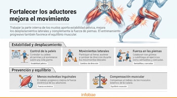 Infografía sobre aductores con ilustraciones anatómicas de pelvis y piernas, diagramas de ejercicios e íconos explicativos sobre fondo claro.