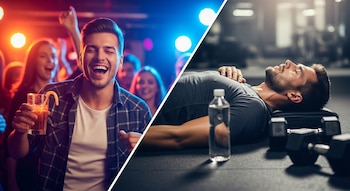 Imagen dividida: un hombre feliz con una bebida en una fiesta iluminada, y el mismo hombre agotado acostado en el suelo de un gimnasio con pesas.