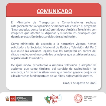 Comunicado del MTC