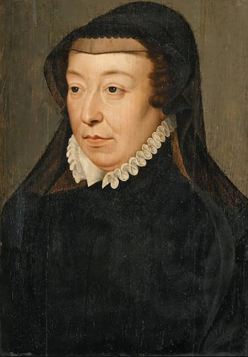 Pintura de retrato de mujer de medio cuerpo con velo negro sobre la cabeza, gorguera blanca y vestido oscuro