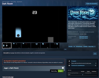 Pantalla de un programa de software que muestra el videojuego 'Dark Room', donde una bola se mueve por un laberinto negro con una luz