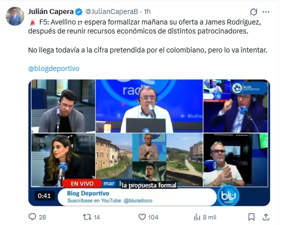 La revelación de Blu Radio y Julián Capera sobre el arribo de James Rodríguez al Avellino de Italia - crédito @JulianCaperaB/X