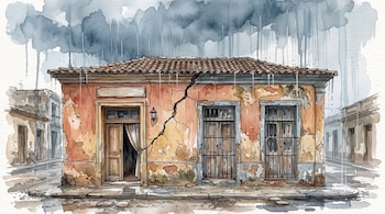 Ilustración en acuarela de una fachada de casa color terracota con una grieta central, ventanas con rejas y un cielo nublado.