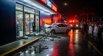 Tienda azul con puerta de vidrio rota; automóvil blanco chocado en su fachada; escombros en el suelo; personas observando la escena; luces de emergencia rojas y noche.