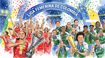 Ilustración en acuarela de futbolistas con uniformes rojos y verdes celebrando con trofeos y medallas bajo un arco con texto.
