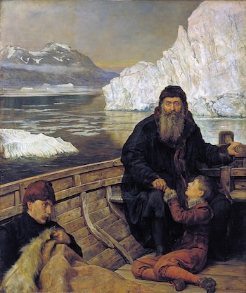 Pintura al óleo de tres hombres en un bote de madera sobre agua helada con icebergs y montañas nevadas al fondo