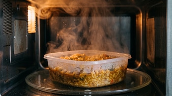Recipiente transparente de plástico con comida caliente y vapor acumulado dentro de un microondas.