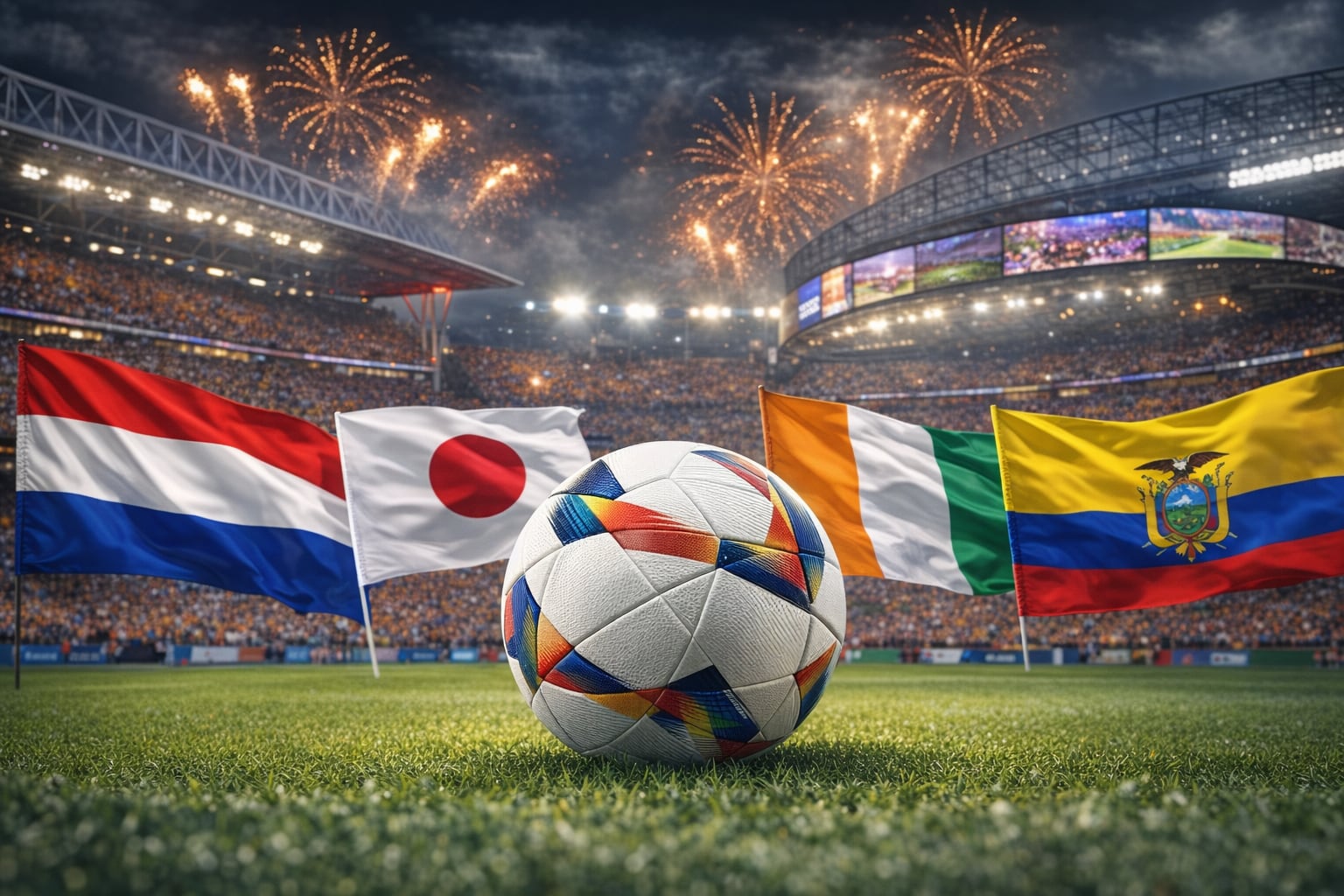 El balón oficial del Mundial 2026 reposa en el césped, flanqueado por banderas de Países Bajos vs Japón y Costa de Marfil vs Ecuador, ante estadios iluminados con fuegos artificiales en una noche inaugural. (Imagen Ilustrativa Infobae)