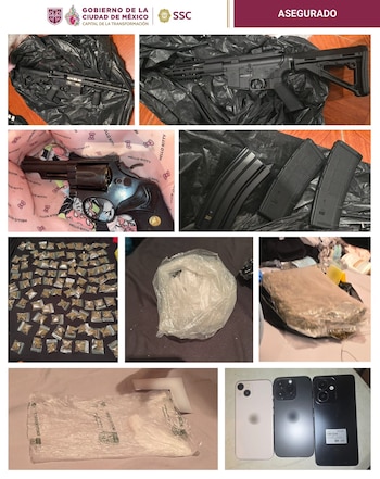 Elementos de la SSC, en coordinación con fuerzas federales, resguardan el inmueble cateado en la colonia Anáhuac tras la detención de dos presuntos integrantes de una célula delictiva y el aseguramiento de armas y drogas. Crédito: Especial