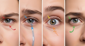 Primer plano de cuatro ojos con flechas y gráficos que indican ira, tristeza, alegría, miedo y asco. Se observan pupilas de distintos tamaños y expresiones faciales.