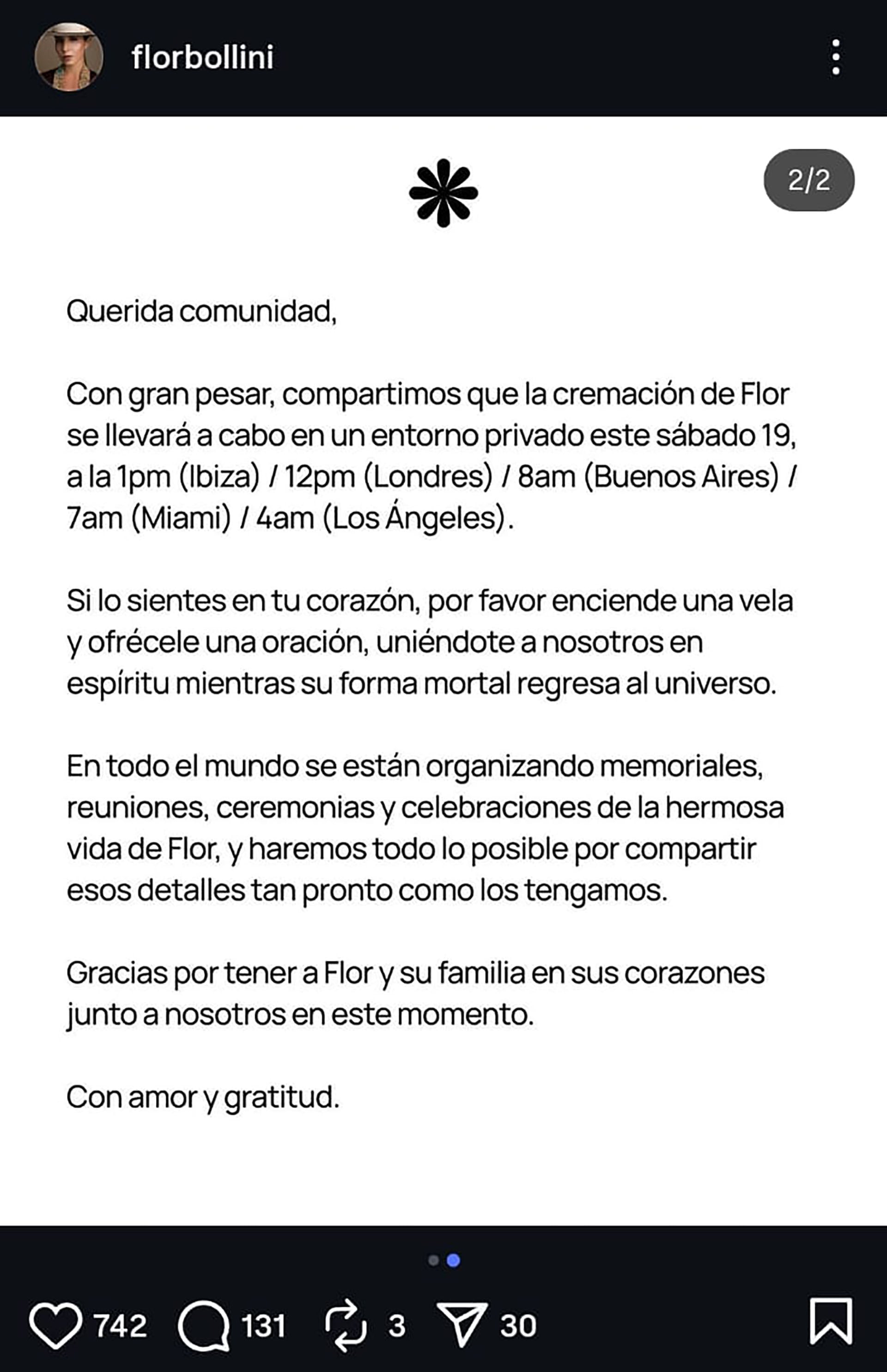 La cuenta de florbollini publica un comunicado informando sobre la cremación privada de Flor Bolbollini y pide a la comunidad que se una en oración, anticipando futuros homenajes.