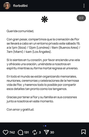 Captura de pantalla de una publicación de Instagram con el nombre de usuario florbollini, una foto de perfil y un mensaje en texto blanco sobre fondo negro anunciando una cremación