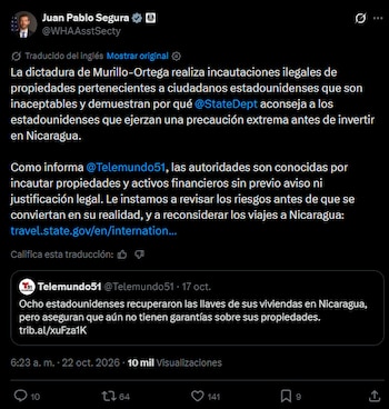 El subsecretario de Estado para Asuntos del Hemisferio Occidental señaló que el régimen nicaragüense incauta propiedades y activos financieros sin notificación previa. También instó a los ciudadanos a reconsiderar sus viajes al país centroamericano.