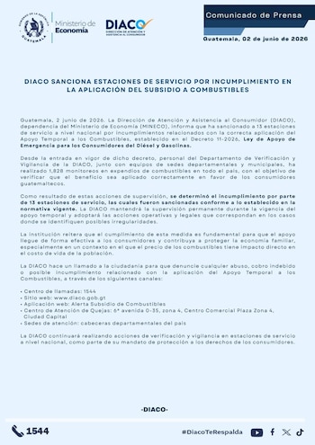Documento de comunicado de prensa del Ministerio de Economía y DIACO de Guatemala sobre sanciones a gasolineras por incumplimiento del subsidio