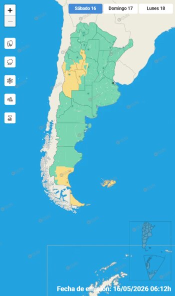 Mapa de Argentina con zonas en verde y amarillo indicando alertas meteorológicas. Se observan iconos de clima a la izquierda y fecha de emisión 16/05/2026