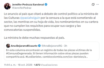 Paola Holguín deberá responder por las polémicas alrededor del Museo Nacional y varios nombramientos en su cartera - crédito @JenniferPedraz/X