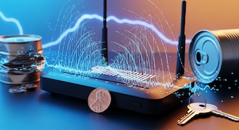 Router WiFi en primer plano con ondas digitales distorsionadas. Objetos metálicos: moneda, latas, llaves. Ilustración futurista azul y naranja.