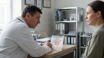 Un médico en bata blanca muestra un folleto ilustrado del sistema digestivo a un paciente sentado de perfil, ambos en un consultorio con fondo desenfocado.