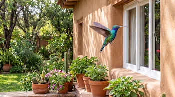 Colibrí de colores, casa de adobe con ventana blanca, tres macetas con plantas verdes, cactus, jardín con árboles y arbustos.