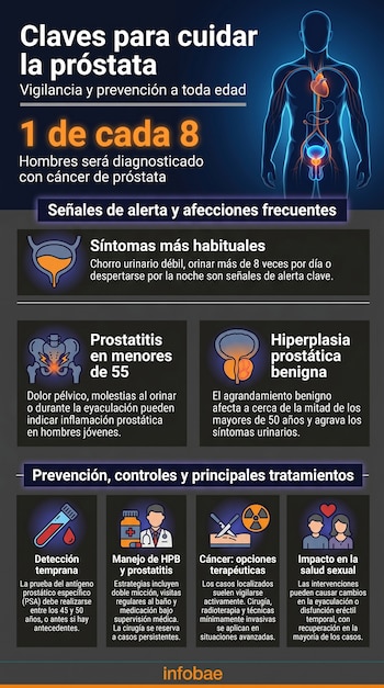 Infografía con un esquema del sistema genitourinario masculino, texto informativo sobre cuidado de la próstata, síntomas, estadísticas y opciones de tratamiento.