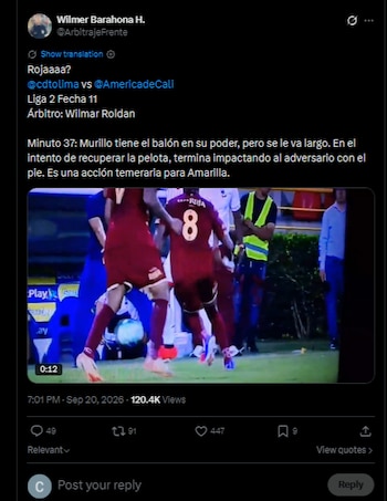 El exárbitro Wilmer Barahona cuestionó fuertemente lo ocurrido en la expulsión del atacante venezolano Jhon Murillo en Ibagué-crédito @ArbitrajeFrente/X