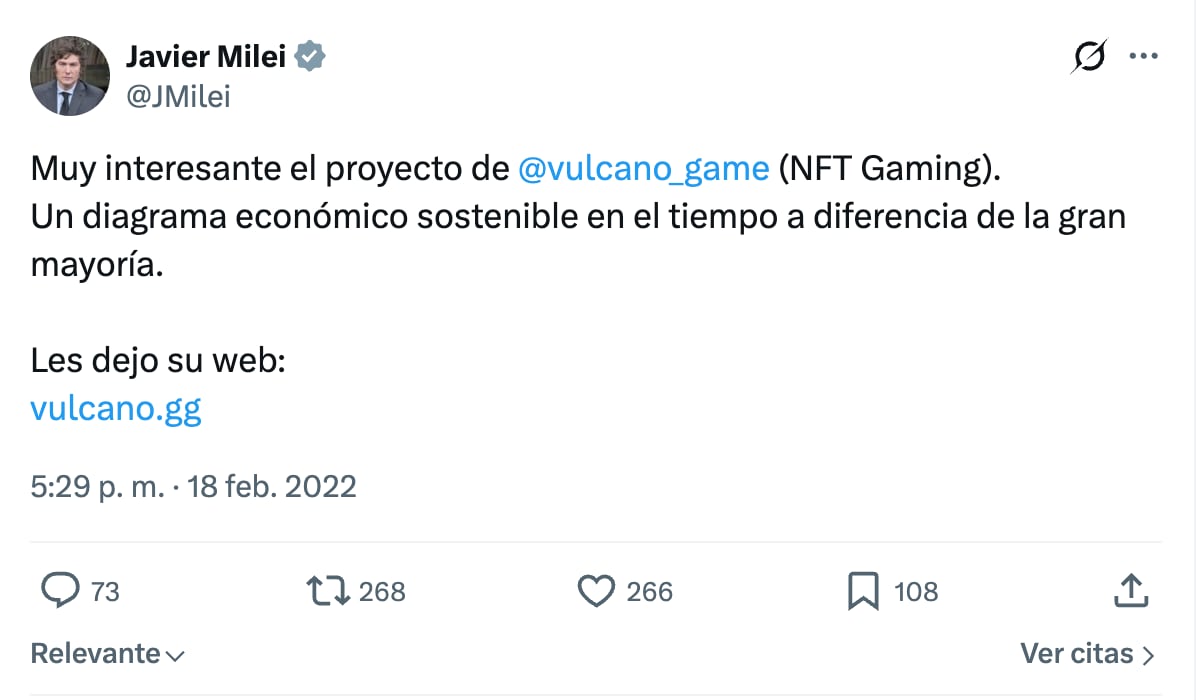 Posteo de Milei promocionando el token $Vulcano lanzado por Novelli el 18 de febrero de 2022
