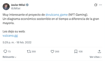 Posteo de Milei promocionando el token $Vulcano lanzado por Novelli el 18 de febrero de 2022