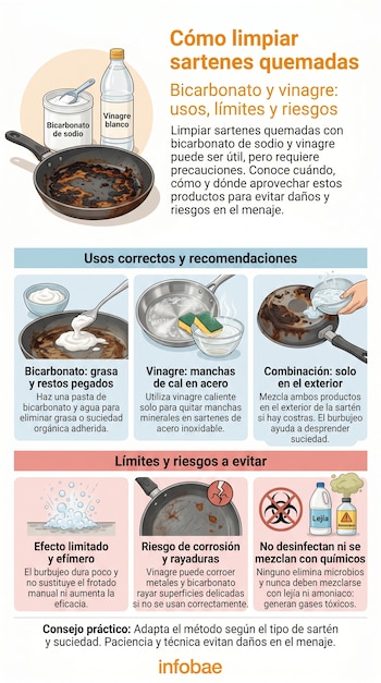 Infografía sobre cómo limpiar sartenes quemadas, con imágenes de sartenes, bicarbonato, vinagre y símbolos de peligro.