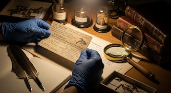 Manos con guantes azules sostienen una ficha de registro sobre una mesa, donde se ven lupas, libros antiguos, pluma, cuaderno y especímenes en recipientes.