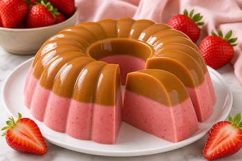 Gelatina acanalada de cajeta y fresa con una rebanada cortada en un plato blanco, rodeada de fresas frescas.