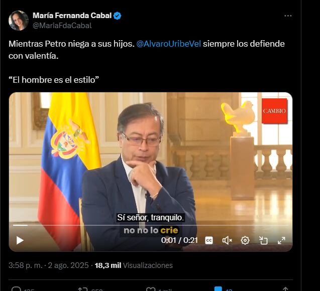 La legisladora recordó una entrevista de Petro en la que se desligó de la responsabilidad en la crianza de su hijo- crédito @MariaFdaCabal/X