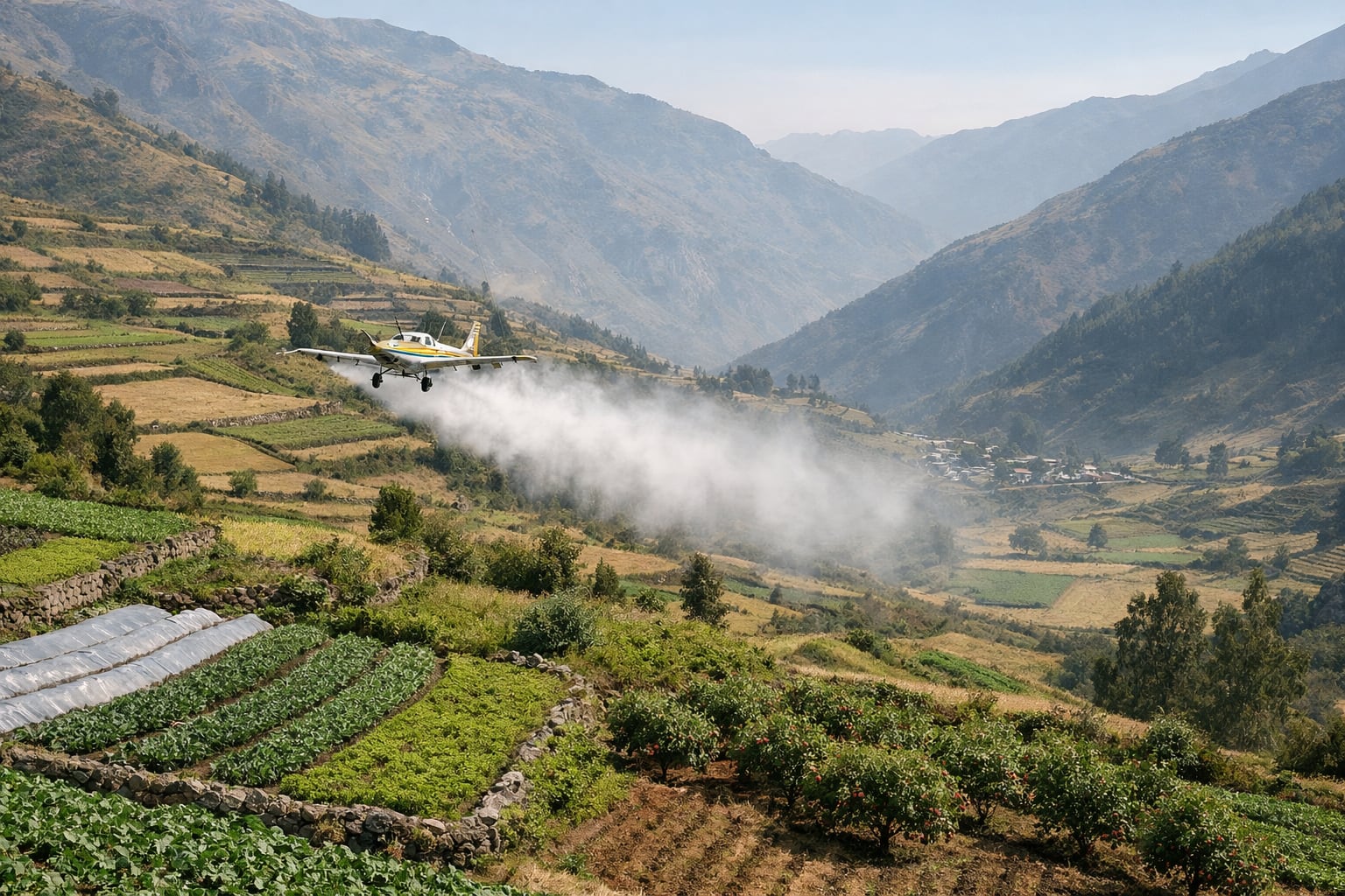 Un avión fumigador dispersa una nube de pesticida sobre los cultivos en terrazas de un paisaje agrícola de la sierra central peruana. (Imagen Ilustrativa Infobae)